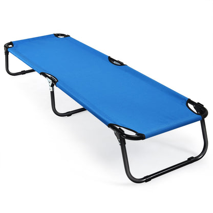Blue outdoor folding camping cot with black metal frame for sleeping and travel on Tampa Home & Garden Store