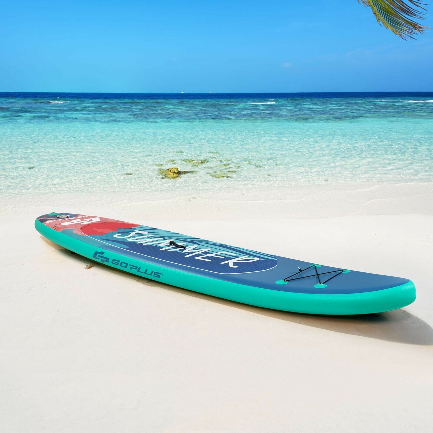 GemGear 10 ft inflatable stand up paddle board on white sand beach blue deck on Tampa Home & Garden Store