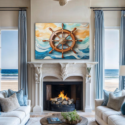 Canvas Sailboat Ship Wheel Wall Art II by Tailored Canvases wooden wheel against turquoise waves on Tampa Home & Garden Store