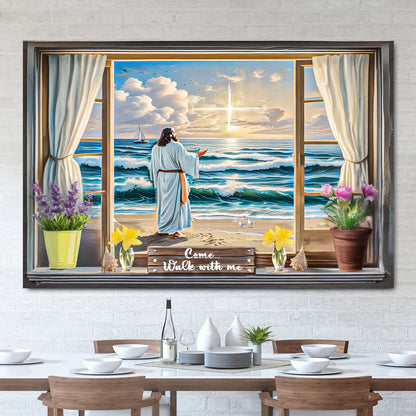 Come Walk With Me Faith Sign V canvas by Tailored Canvases, seaside window scene with Jesus on Tampa Home & Garden Store