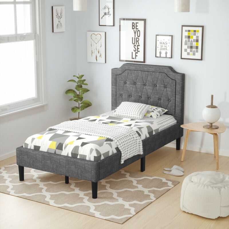 Cama Plataforma Tapizada Gemela de Lino con Cabecero y Base de Colchón