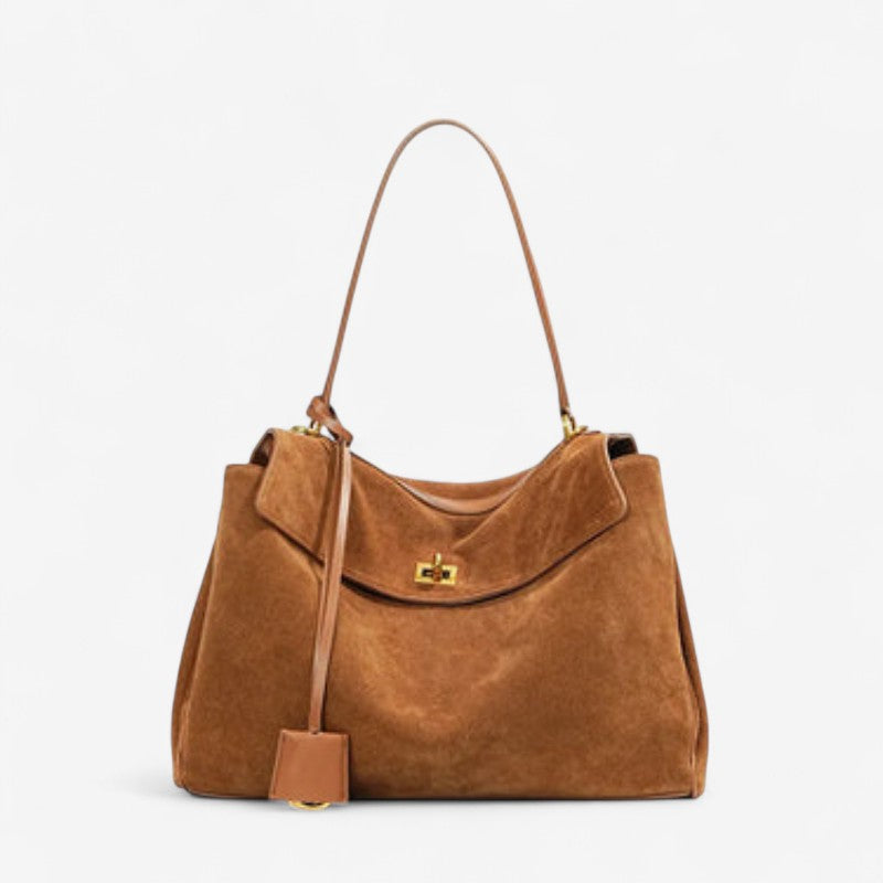 Large rectangular shoulder handbag in brown leather by Moktan Sabai with flap on Tampa Home & Garden Store