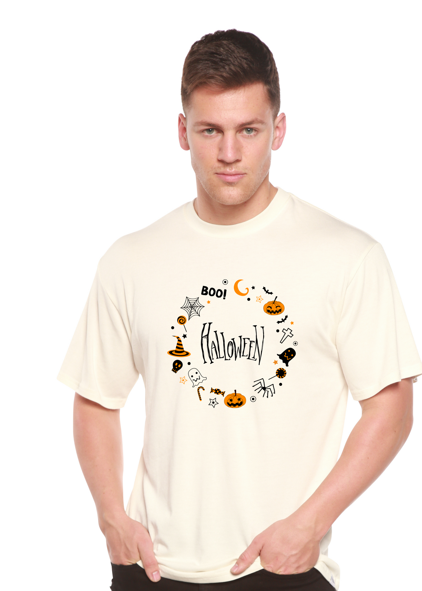 Bool Halloween men's bamboo viscose/organic cotton graphic short sleeve tee by Spun Bamboo, cream on Tampa Home & Garden Store