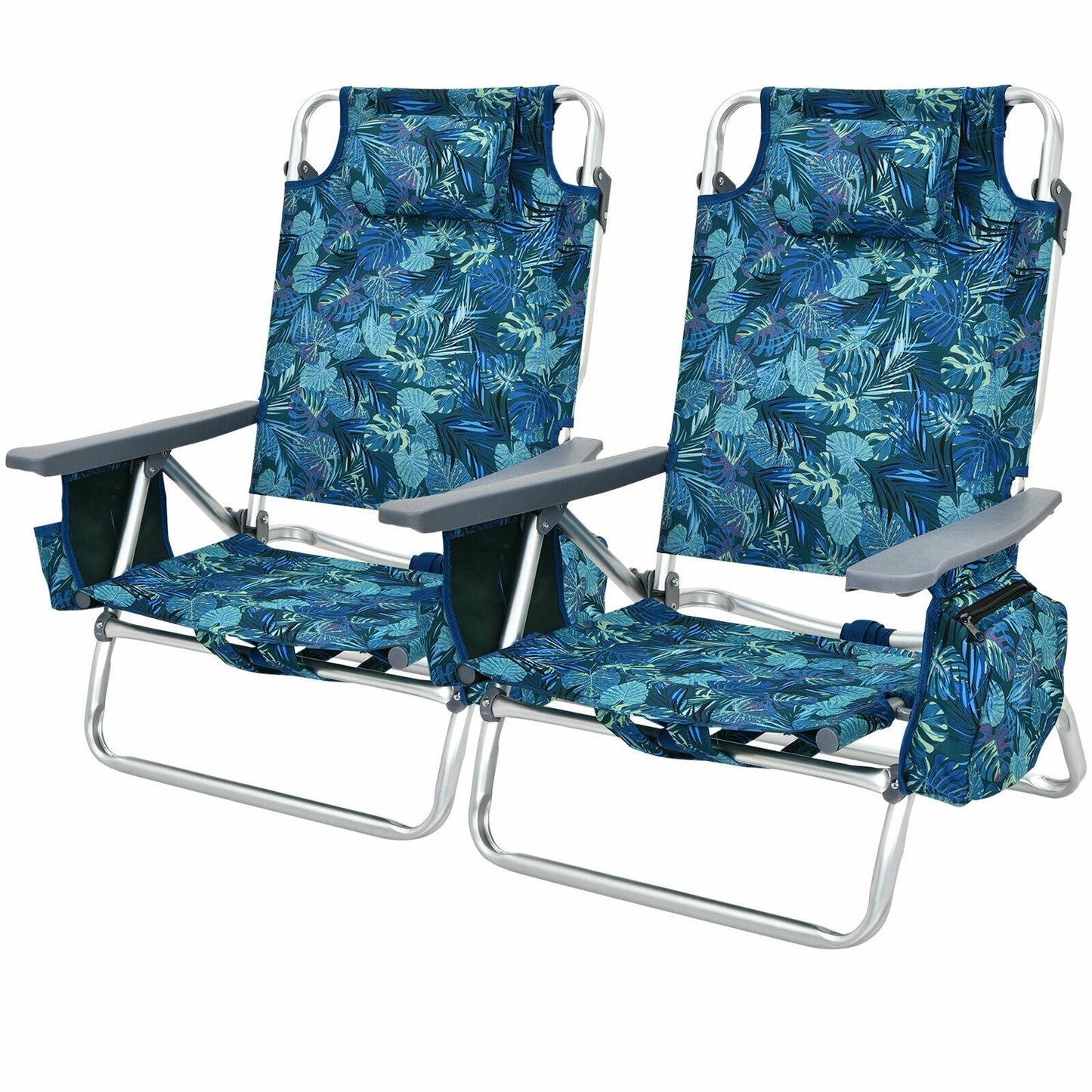 GemGear 2-Piece Folding Backpack Beach Chairs with blue tropical leaf print on Tampa Home & Garden Store