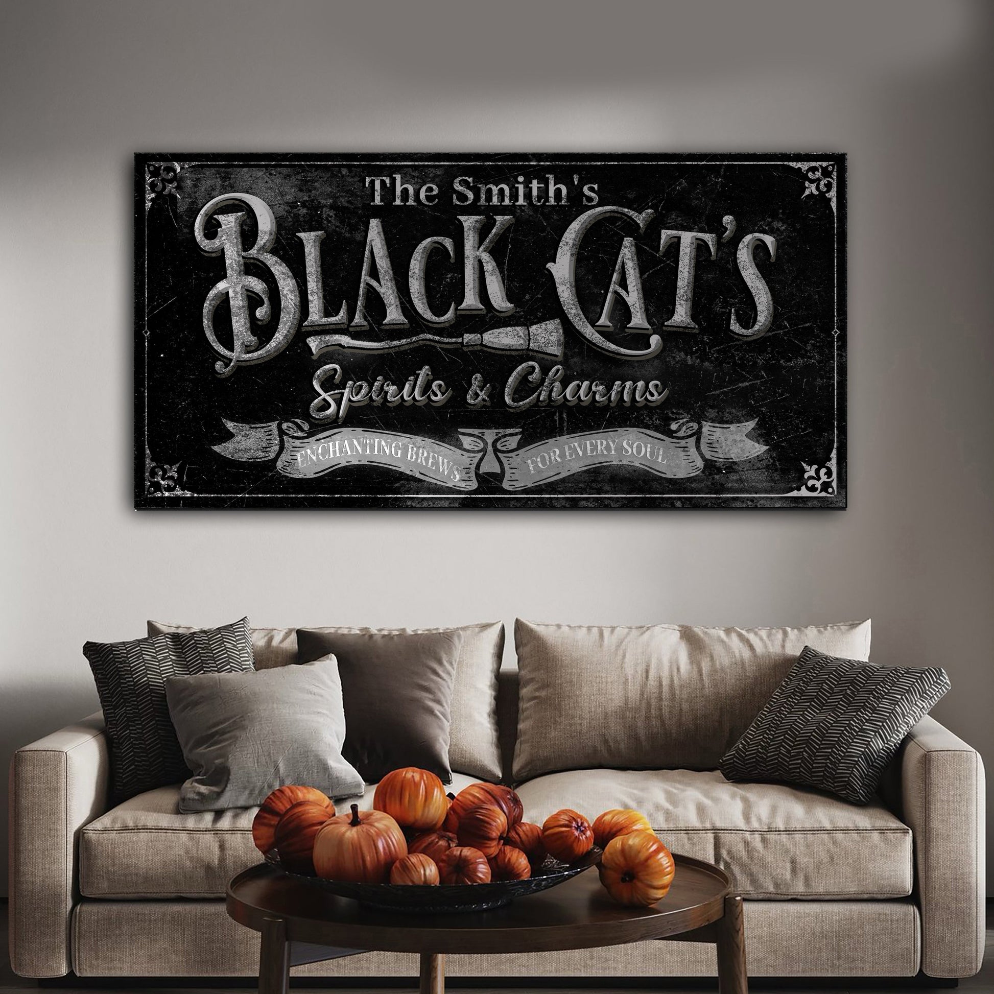 Canvas sign Black Cats Spirits & Charms Halloween decor with ornate border Tailored Canvases on Tampa Home & Garden Store
