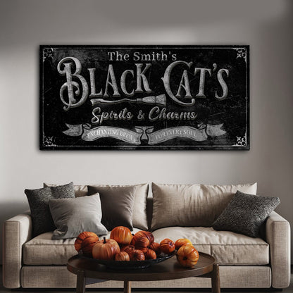 Canvas sign Black Cats Spirits & Charms Halloween decor with ornate border Tailored Canvases on Tampa Home & Garden Store