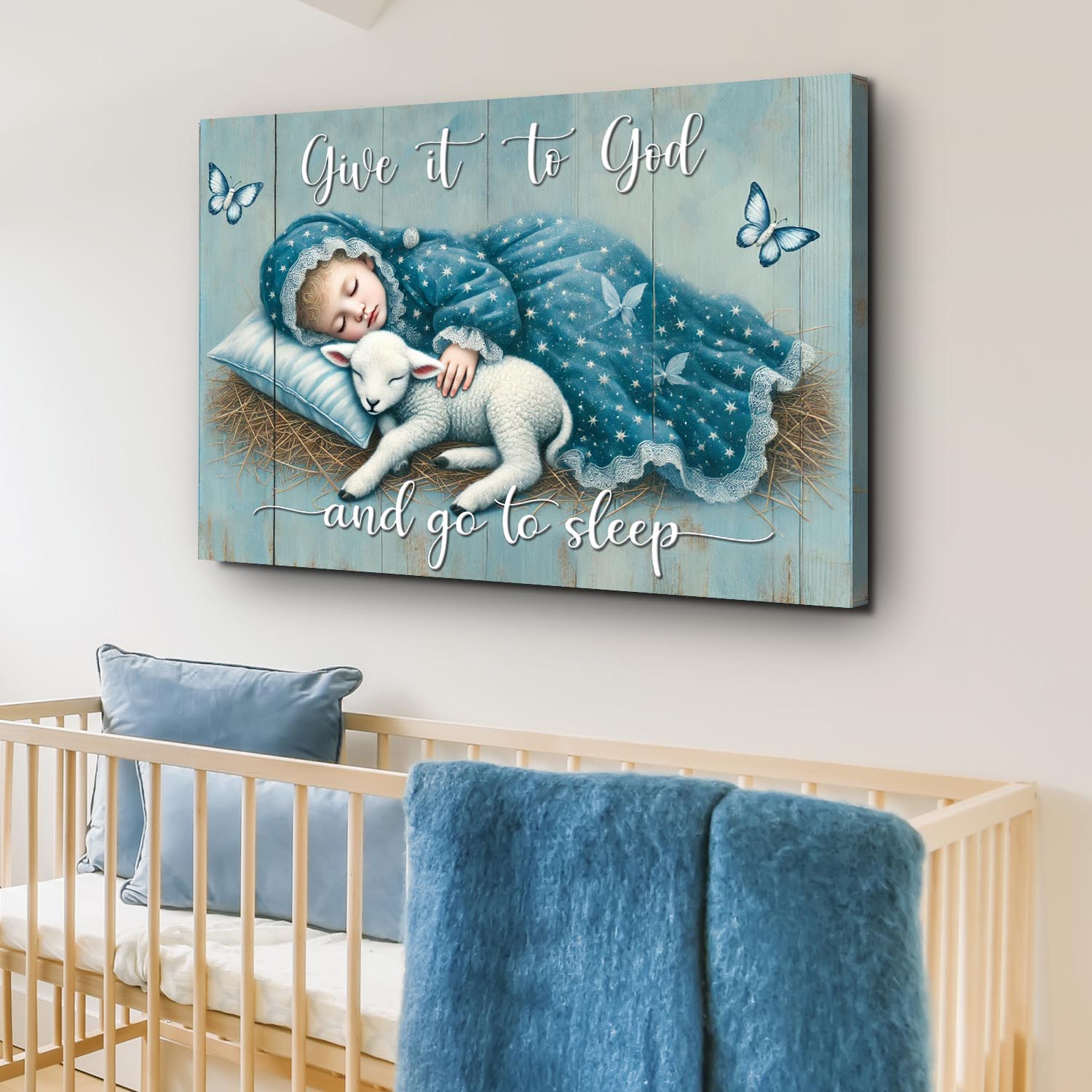 Canvas Give It To God And Go To Sleep Tailored Canvases with baby and lamb on blue on Tampa Home & Garden Store