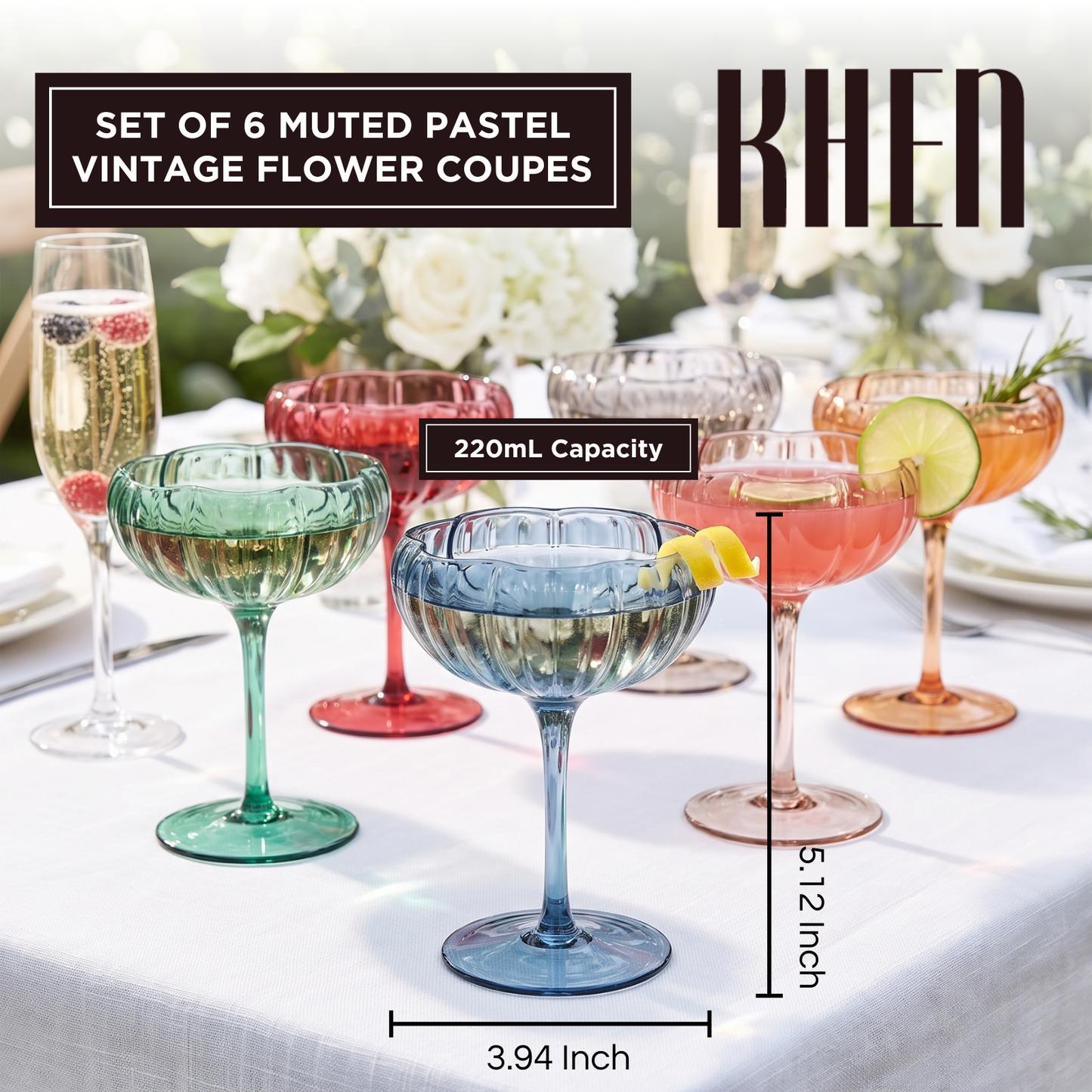 Muted Floral Coupe Cocktail Glasses Set of 6