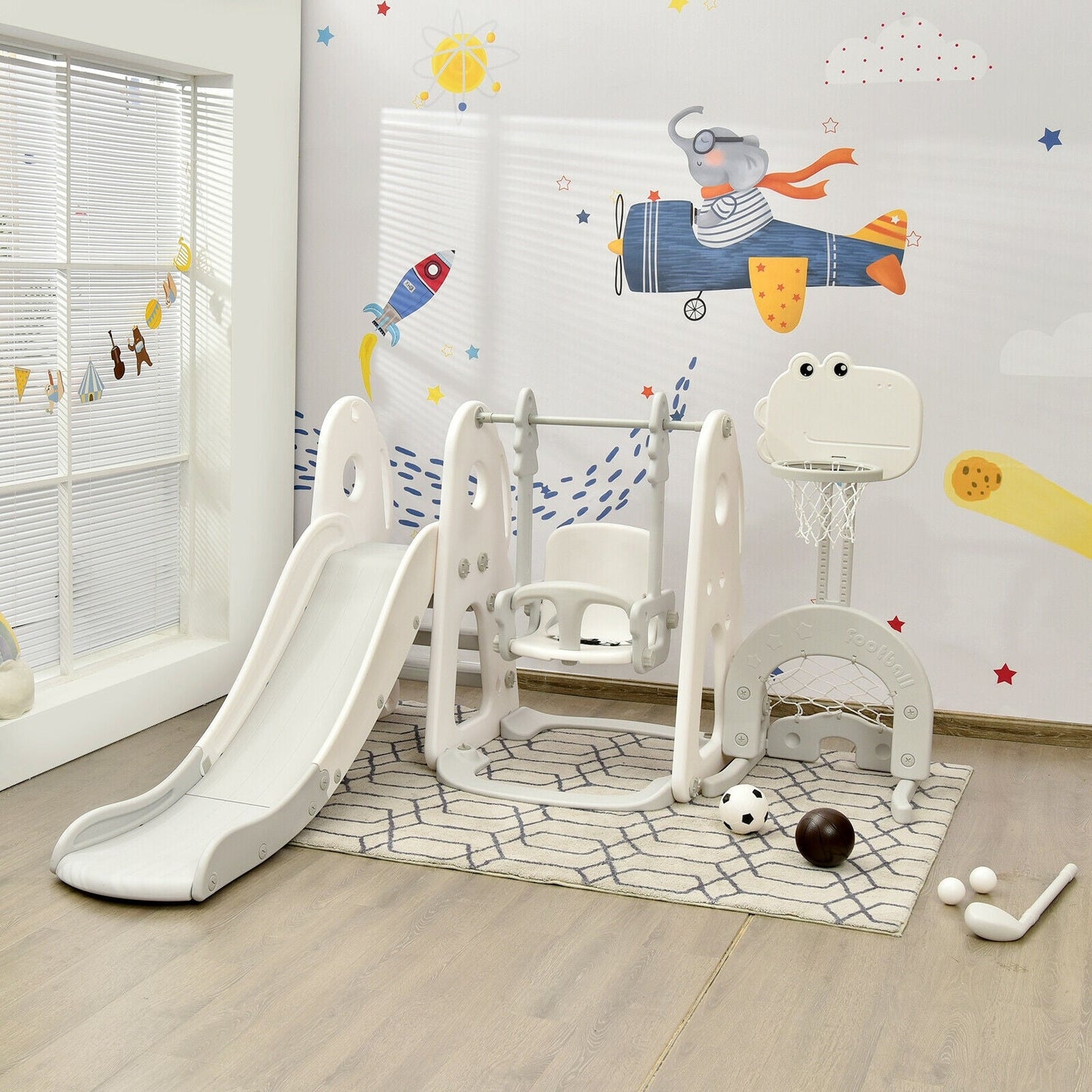 6 in 1 Toddler Slide and Swing Set with Ball Games