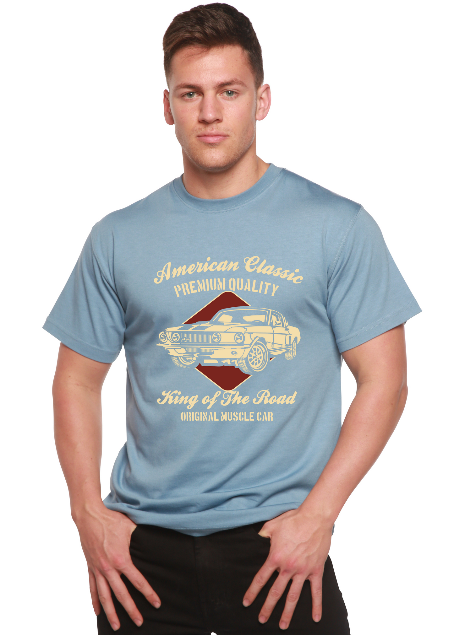 Men's Bamboo Viscose/Organic Cotton graphic T-shirt in light blue with cream vintage car print on Tampa Home & Garden Store