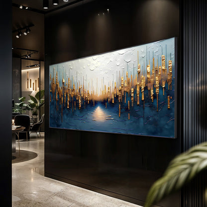 Golden Forest Reflection abstract canvas wall art with blue gradient and gold foil accents on Tampa Home & Garden Store