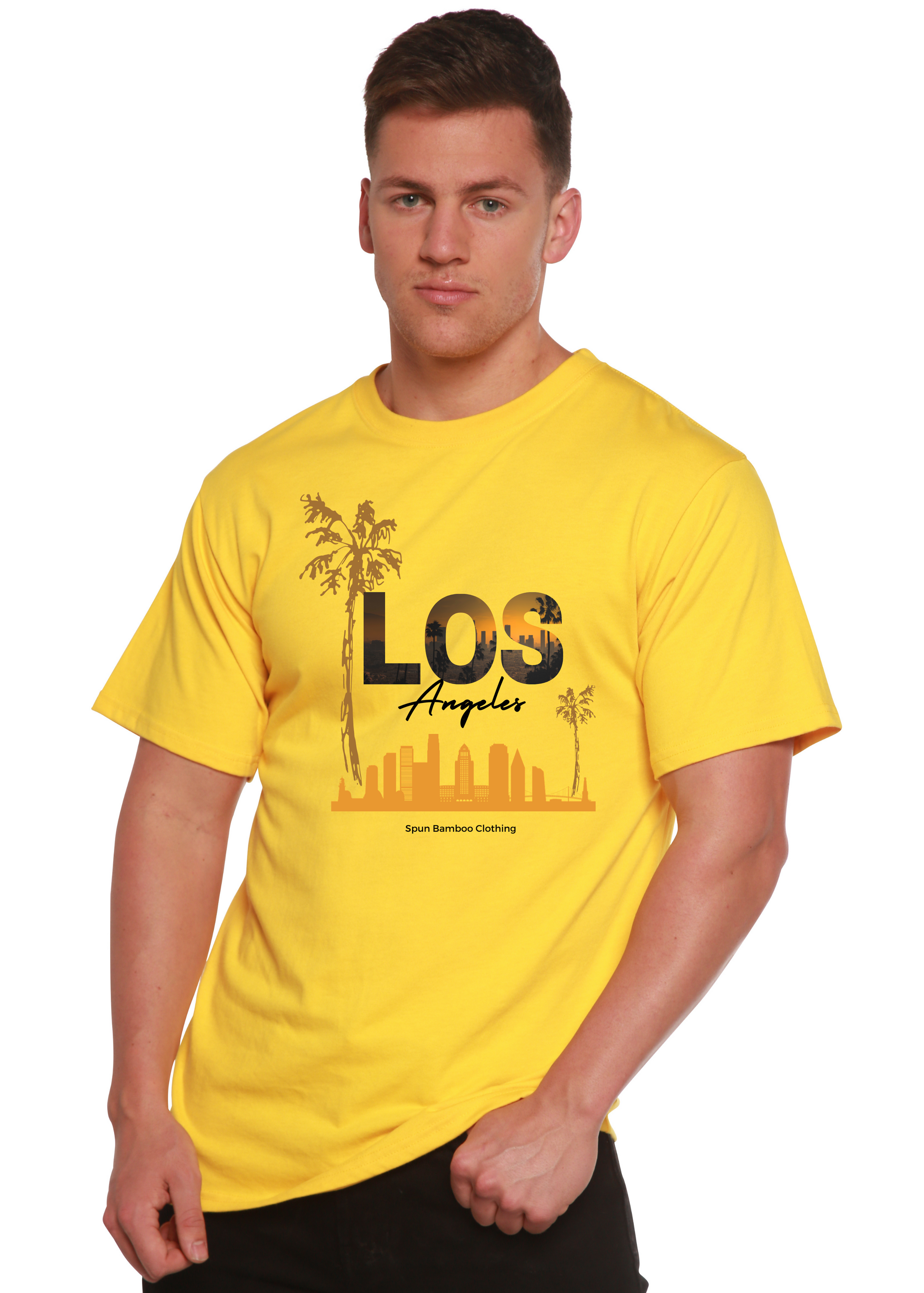Los Angeles graphic unisex T-shirt in bright yellow, bamboo viscose/organic cotton, Spun Bamboo on Tampa Home & Garden Store