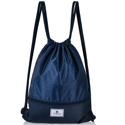 Drawstring backpack navy blue with hex honeycomb texture and front zipper pocket Costway patch on Tampa Home & Garden Store