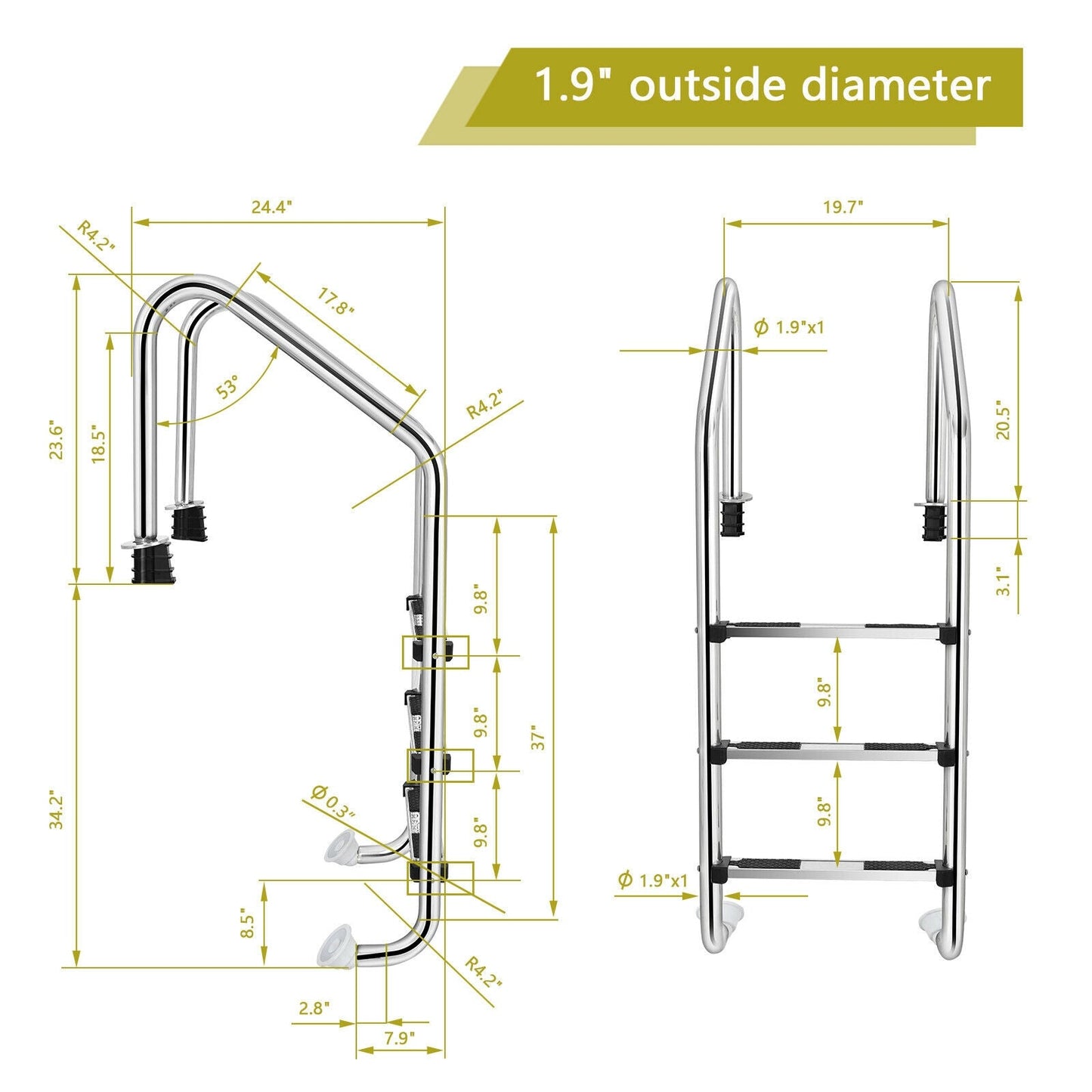 Escalera de Acero Inoxidable de 3 Peldaños para Piscina con Peldaños Antideslizantes