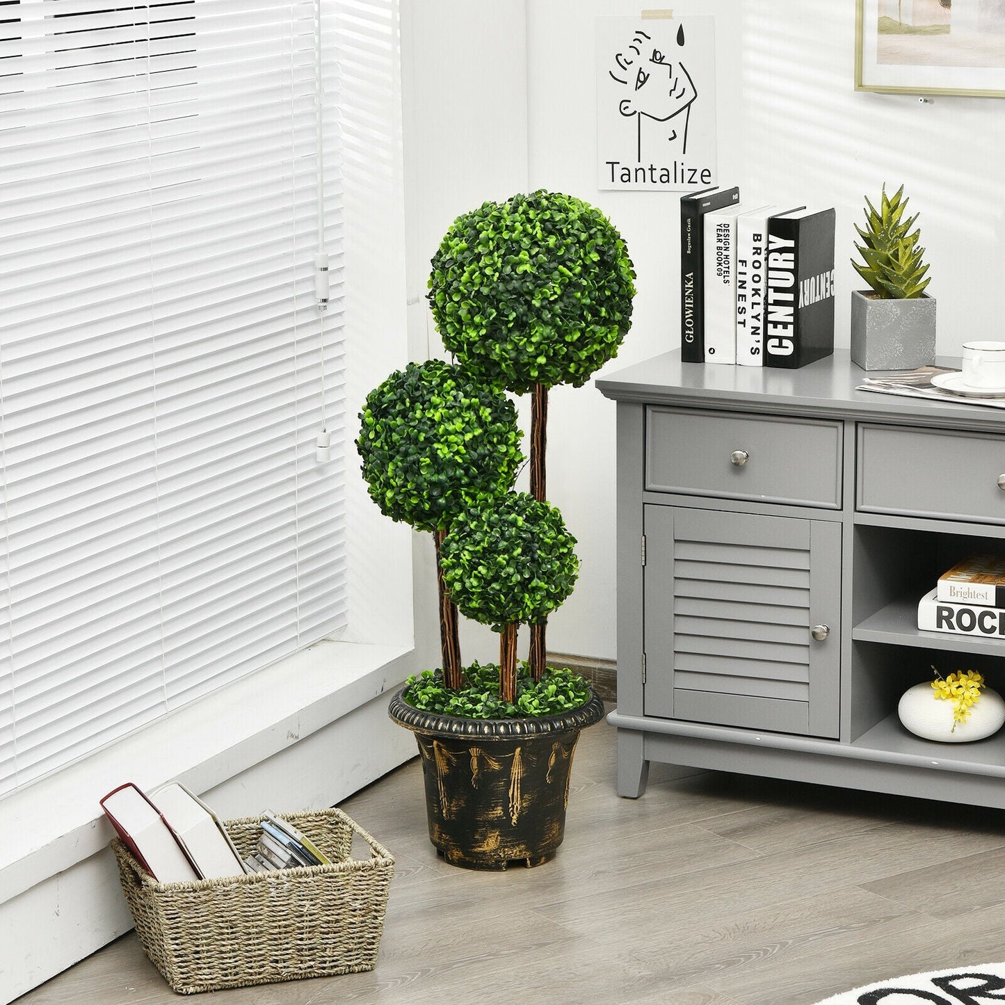 Árbol artificial de boj de triple bola de 36 pulgadas para interiores y exteriores