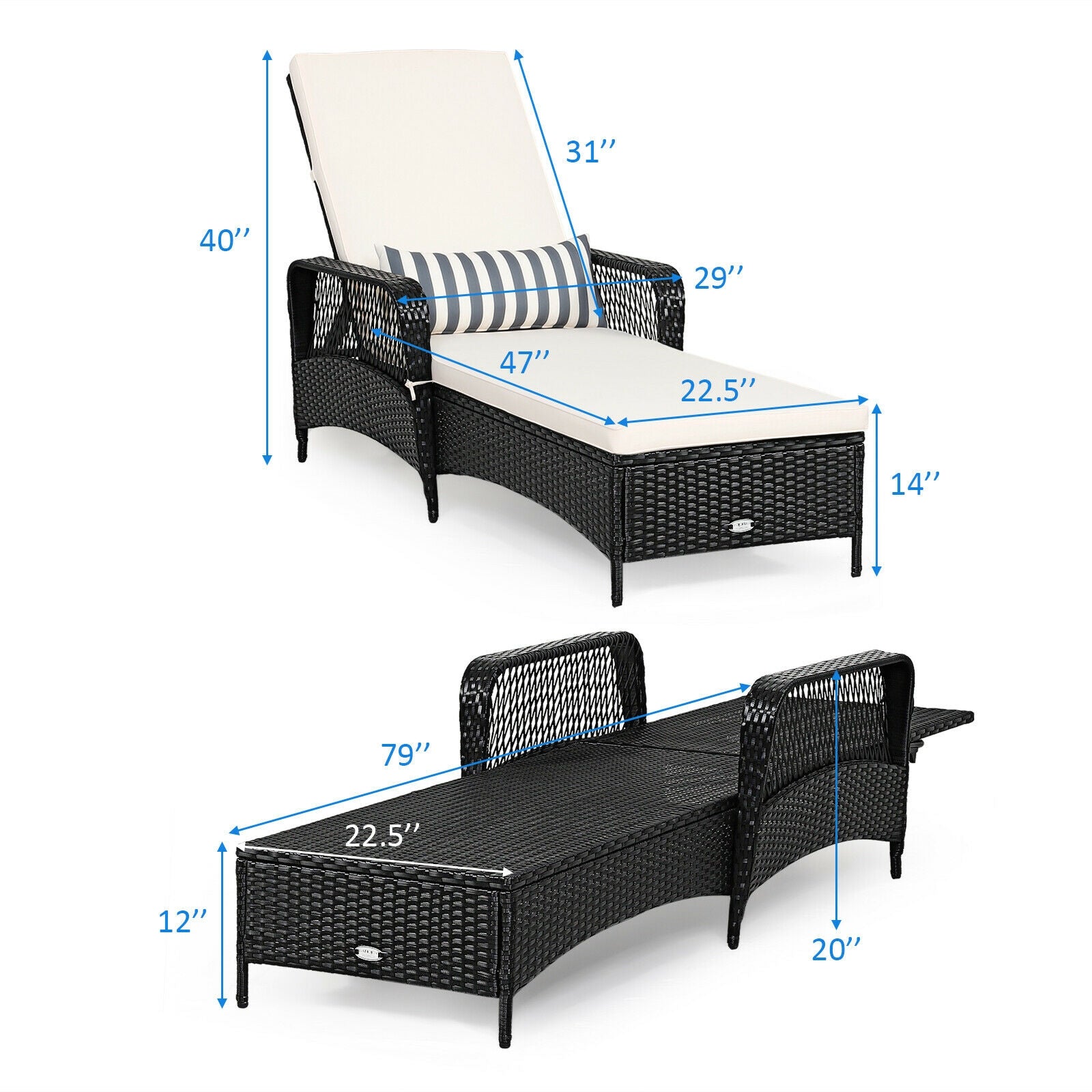 Patio wicker chaise lounge chair with cushion and pillow, adjustable backrest, black DirectDeals on Tampa Home & Garden Store