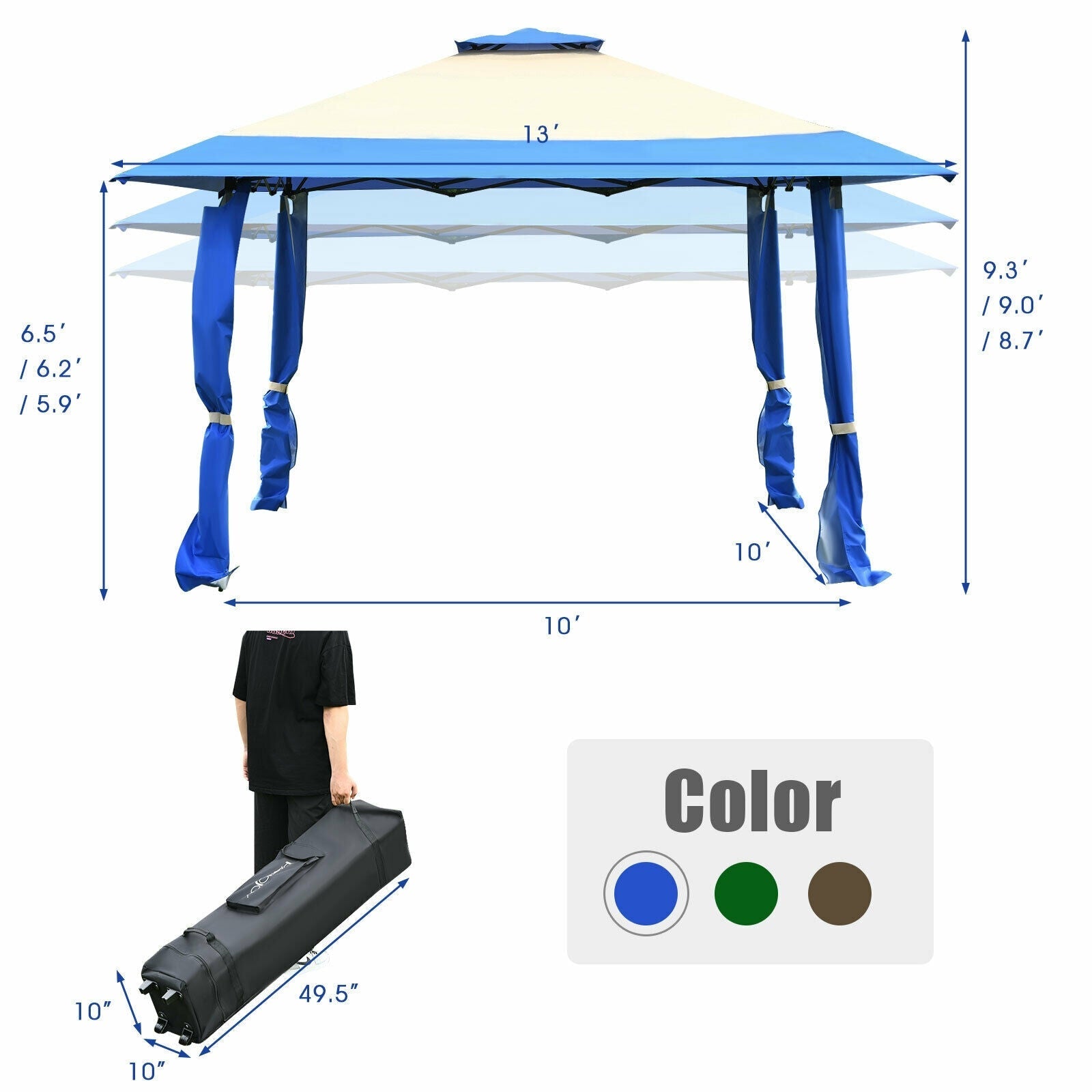 GemGear 13x13 ft pop up canopy tent in blue with carry bag and rolled sidewalls on Tampa Home & Garden Store