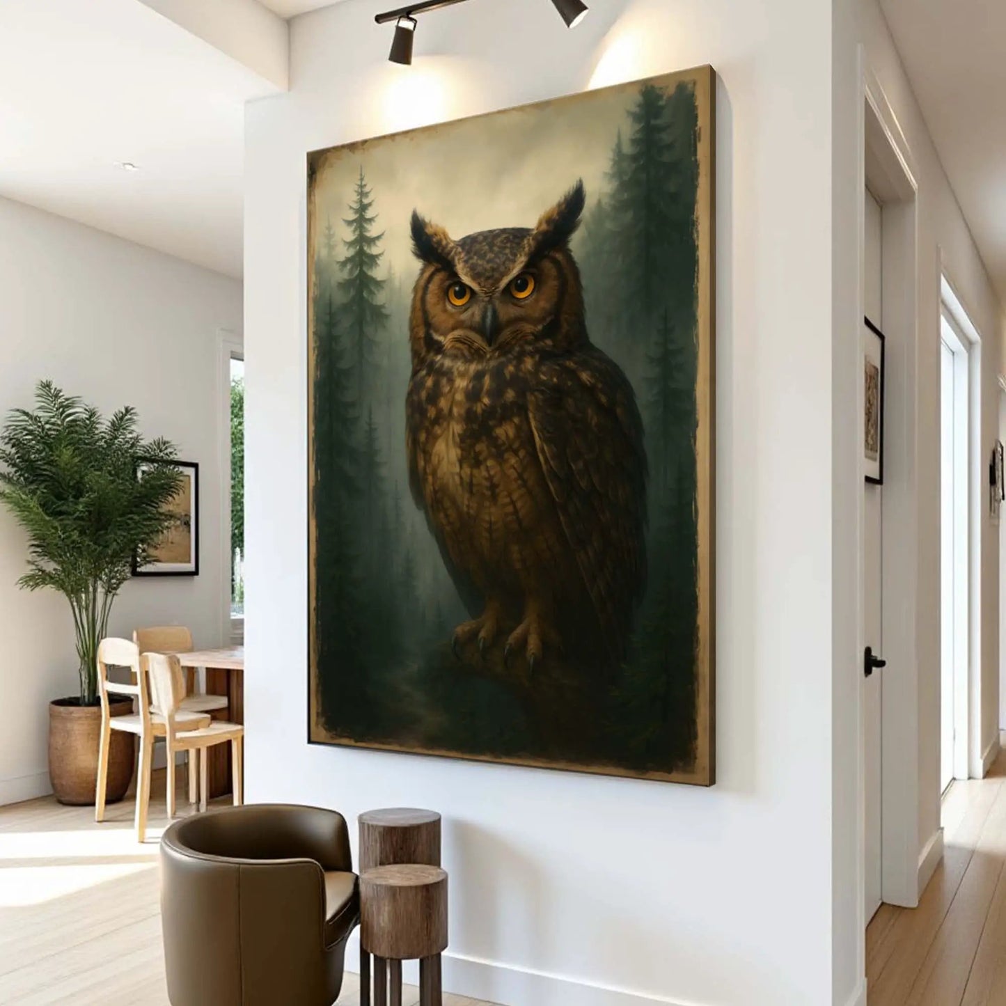 Watcher Of The Woods Owl Canvas wall art with forest backdrop in warm browns on Tampa Home & Garden Store
