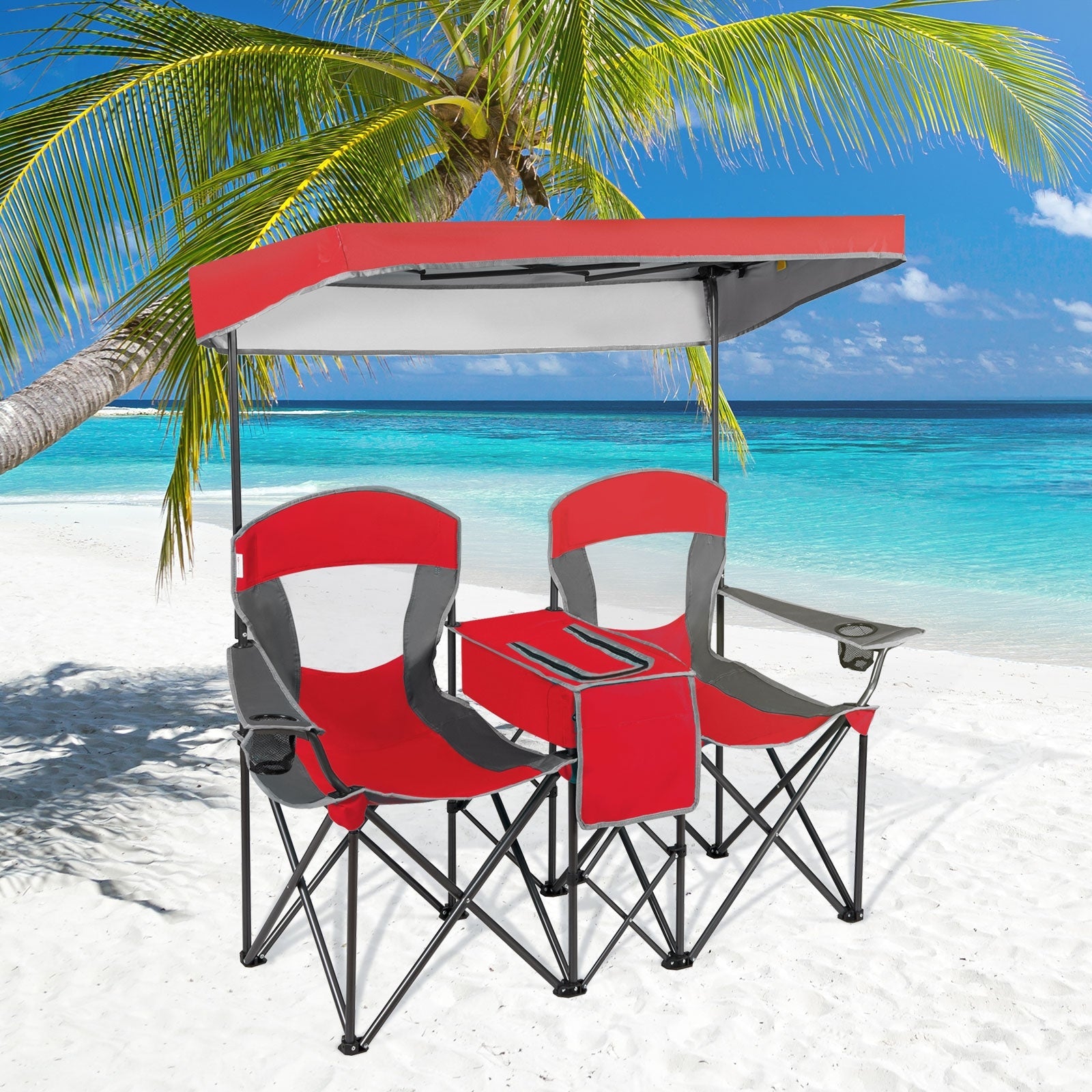 GemGear folding camping canopy chairs with cup holder; two red-gray chairs, gray frames on Tampa Home & Garden Store