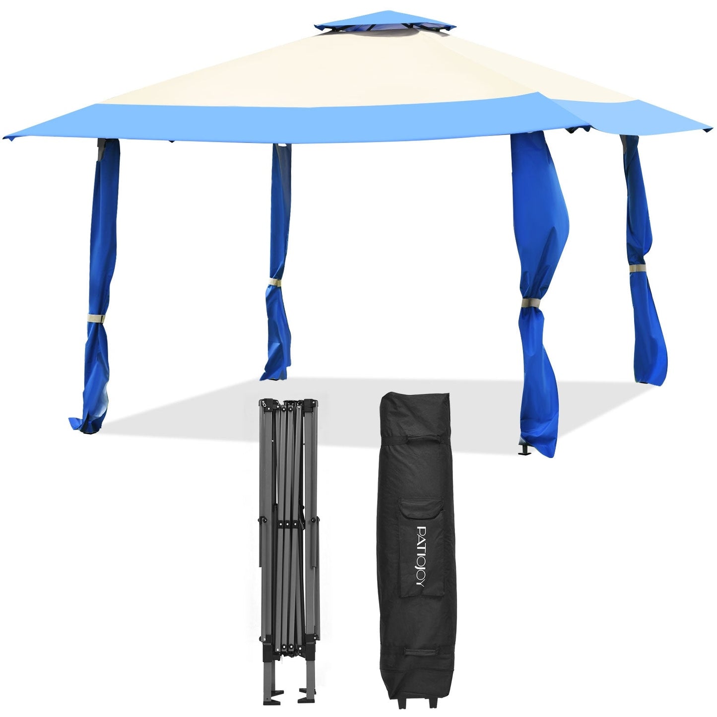 GemGear 13x13 ft pop up canopy tent blue beige top with blue side panels carry bag included on Tampa Home & Garden Store