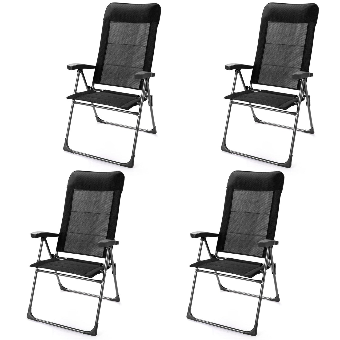 GemGear four black portable patio folding dining chairs with headrests and mesh backs, steel frame on Tampa Home & Garden Store
