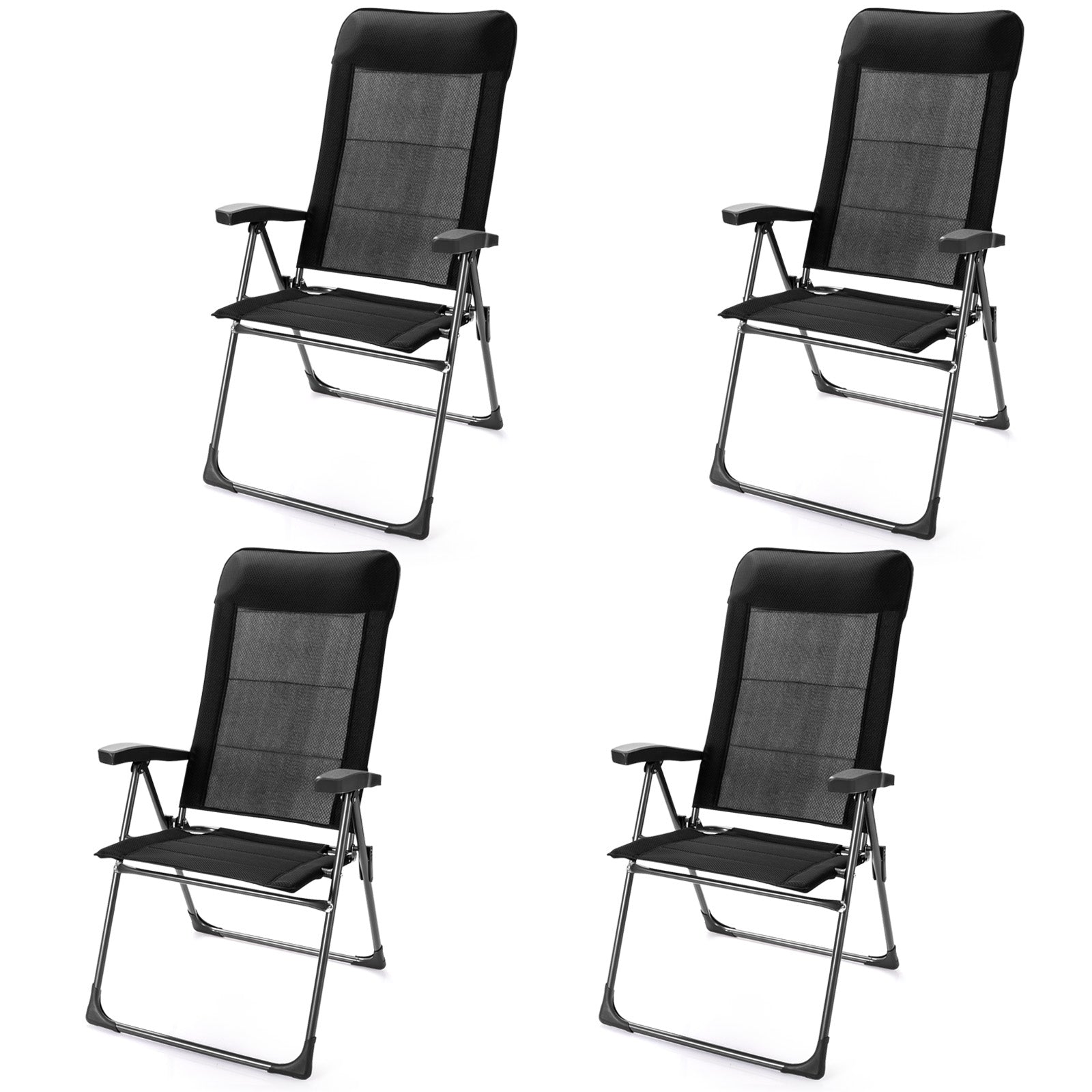 GemGear four black portable patio folding dining chairs with headrests and mesh backs, steel frame on Tampa Home & Garden Store