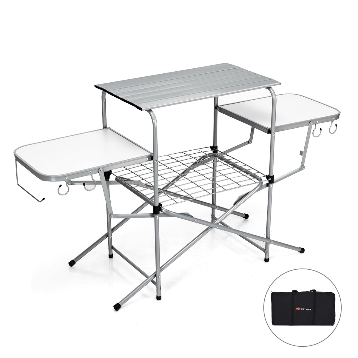 GemGear foldable outdoor BBQ table grilling stand with aluminum top and white side shelves on Tampa Home & Garden Store