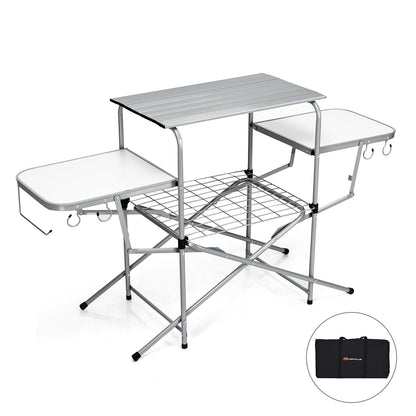 GemGear foldable outdoor BBQ table grilling stand with aluminum top and white side shelves on Tampa Home & Garden Store