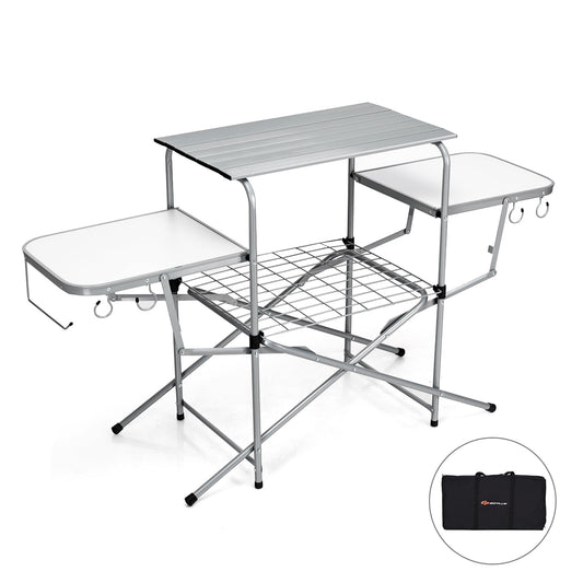 GemGear foldable outdoor BBQ table grilling stand with aluminum top and white side shelves on Tampa Home & Garden Store