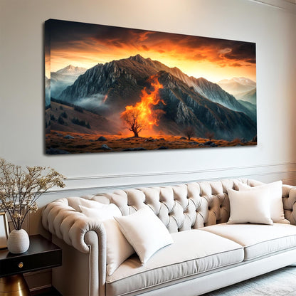 Burning Bush Faith Wall Art XIII canvas by Tailored Canvases, dramatic mountain landscape with fiery orange foreground at sunset on Tampa Home & Garden Store