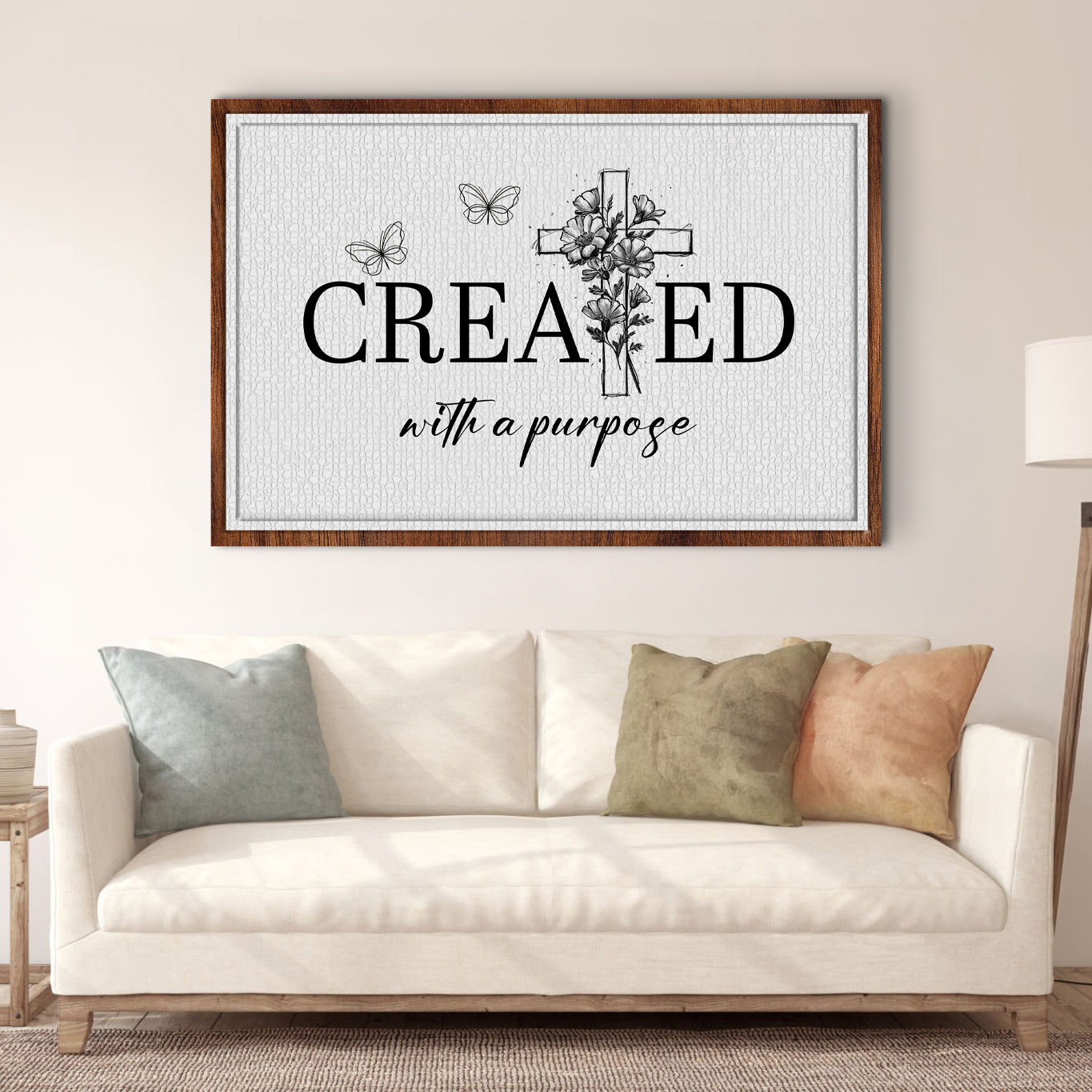 Created With A Purpose Faith Sign II canvas art with wood frame and script cross design on Tampa Home & Garden Store