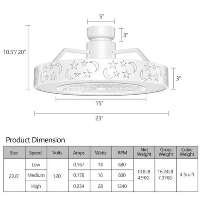 Ventilador de techo de 23 pulgadas con luz LED y control remoto - Blanco