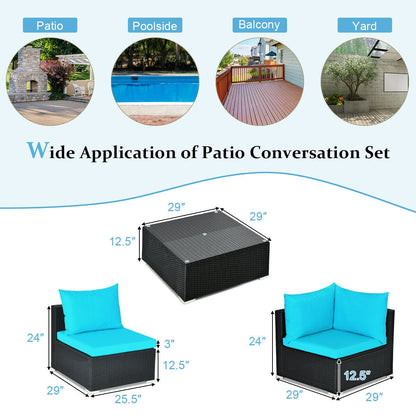 Juego de Sofá Seccional Exterior de 7 Piezas de Ratán para Patio con Tapa de Cristal Templado - Azul Marino