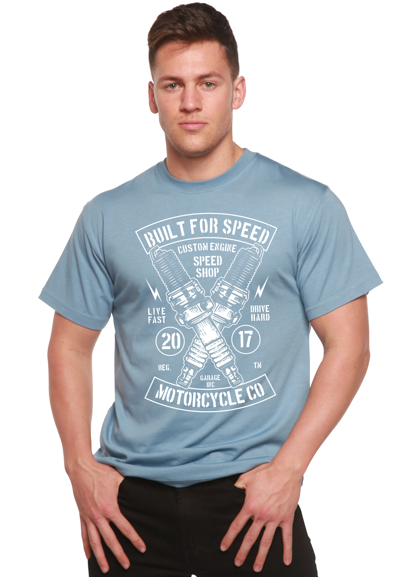 Built For Speed men's bamboo tee short sleeve graphic blue motorcycle print on Tampa Home & Garden Store