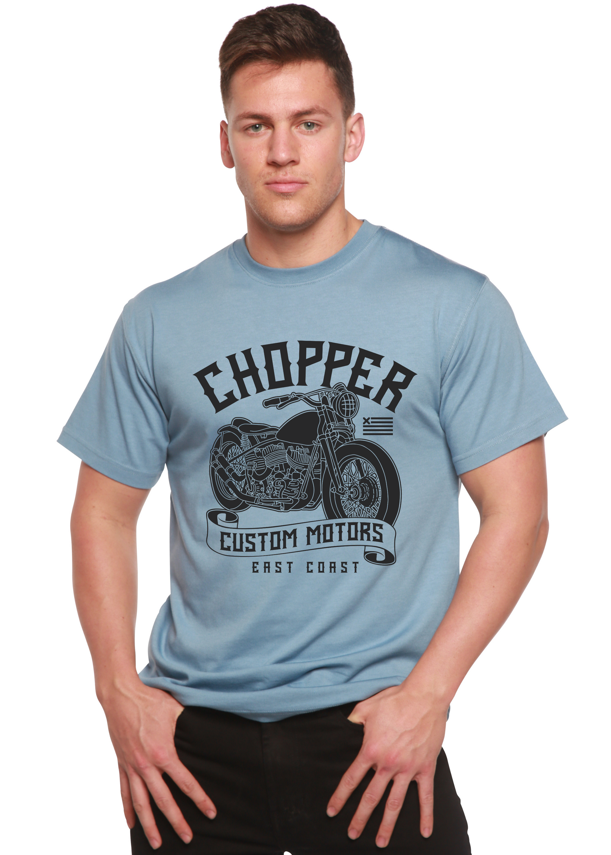 Chopper Custom Motors men's bamboo viscose/organic cotton graphic tee blue with bike art on Tampa Home & Garden Store