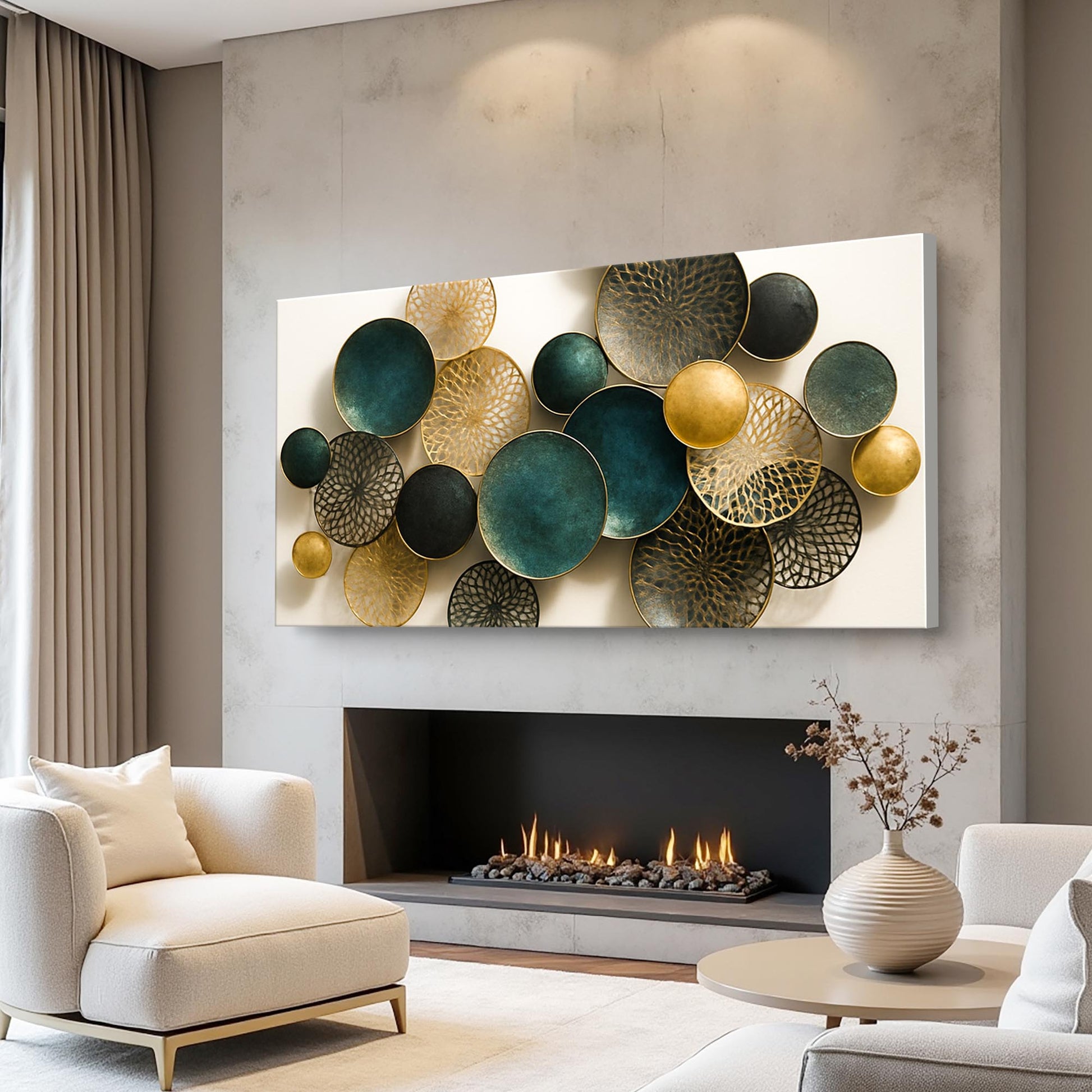 Lotus Leaf Abstract Wall Art VIII canvas with teal and gold circular discs on Tampa Home & Garden Store