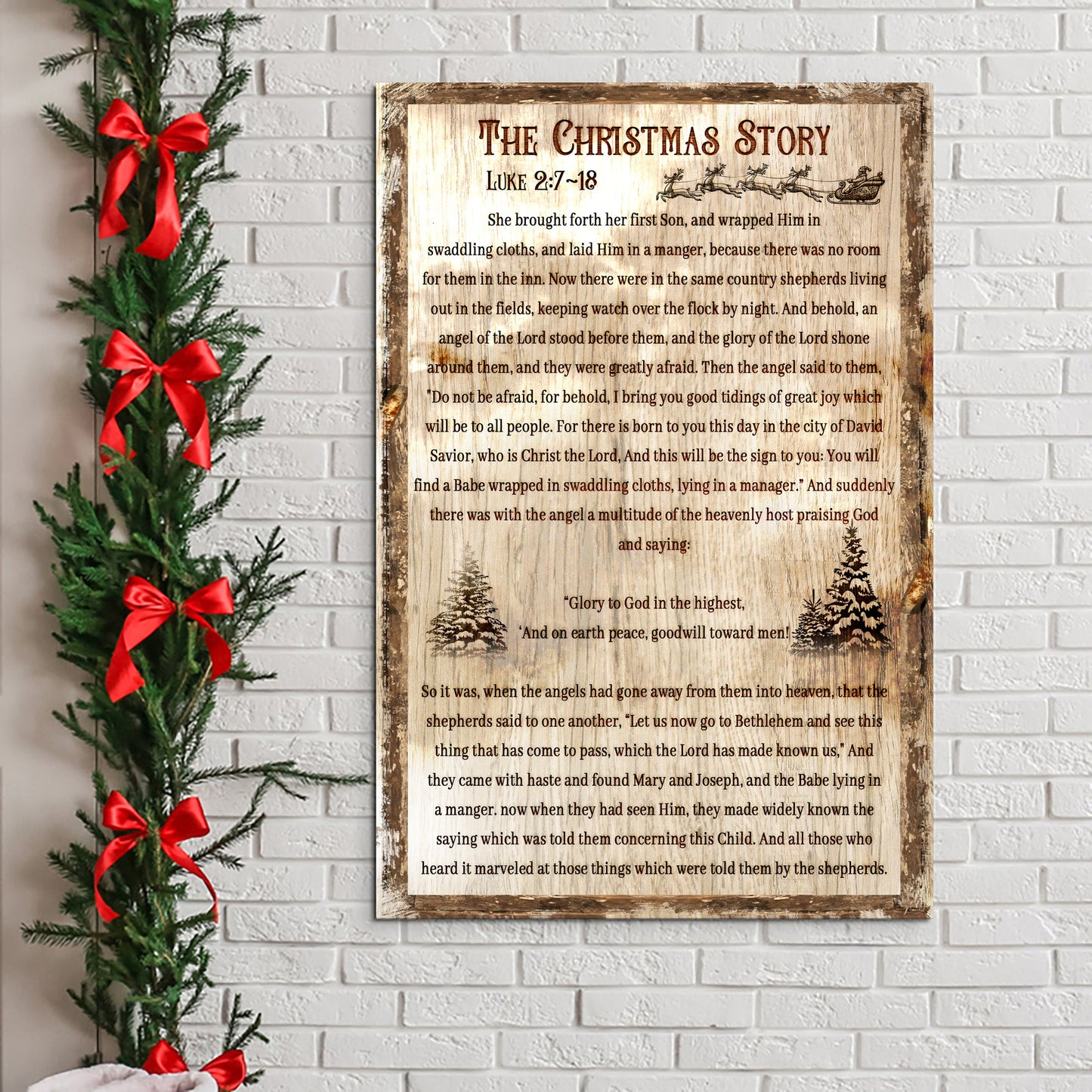 The Christmas Story II canvas sign by Tailored Canvases, wood panel with scripture and trees on Tampa Home & Garden Store