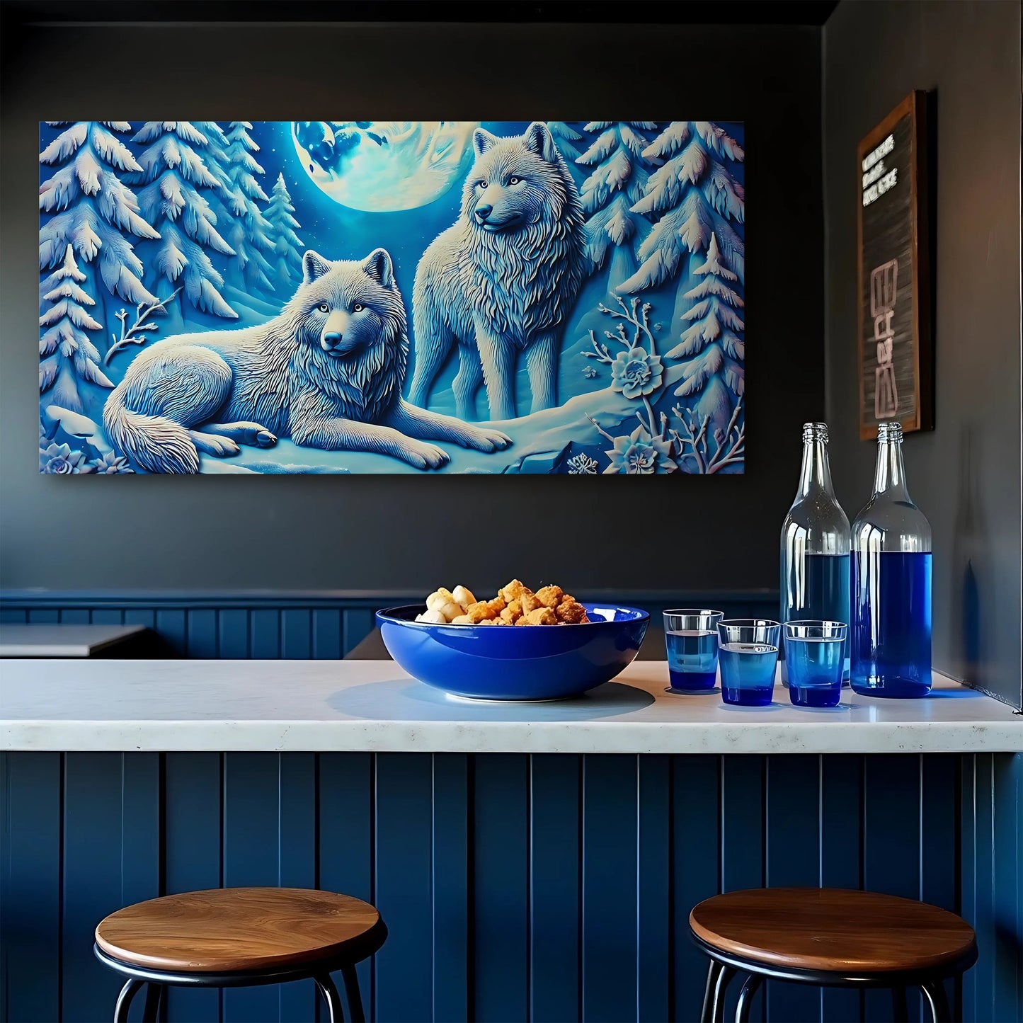 3D Wolves Wall Art canvas by Tailored Canvases, blue moonlit snowy forest scene on Tampa Home & Garden Store