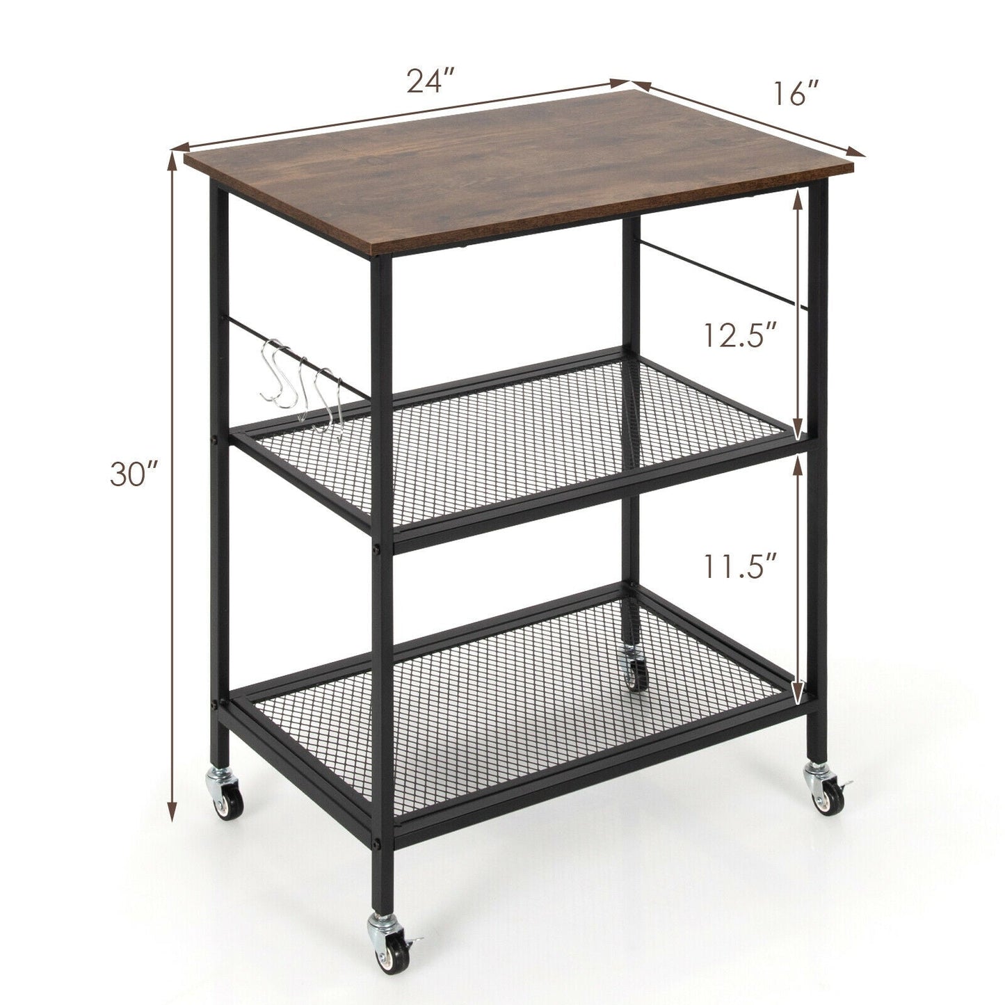 Carrito de servicio de cocina de 3 niveles, estante utilitario para microondas con ganchos, marrón