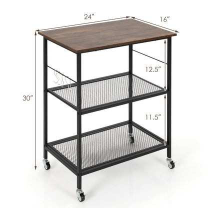 Carrito de servicio de cocina de 3 niveles, estante utilitario para microondas con ganchos, marrón