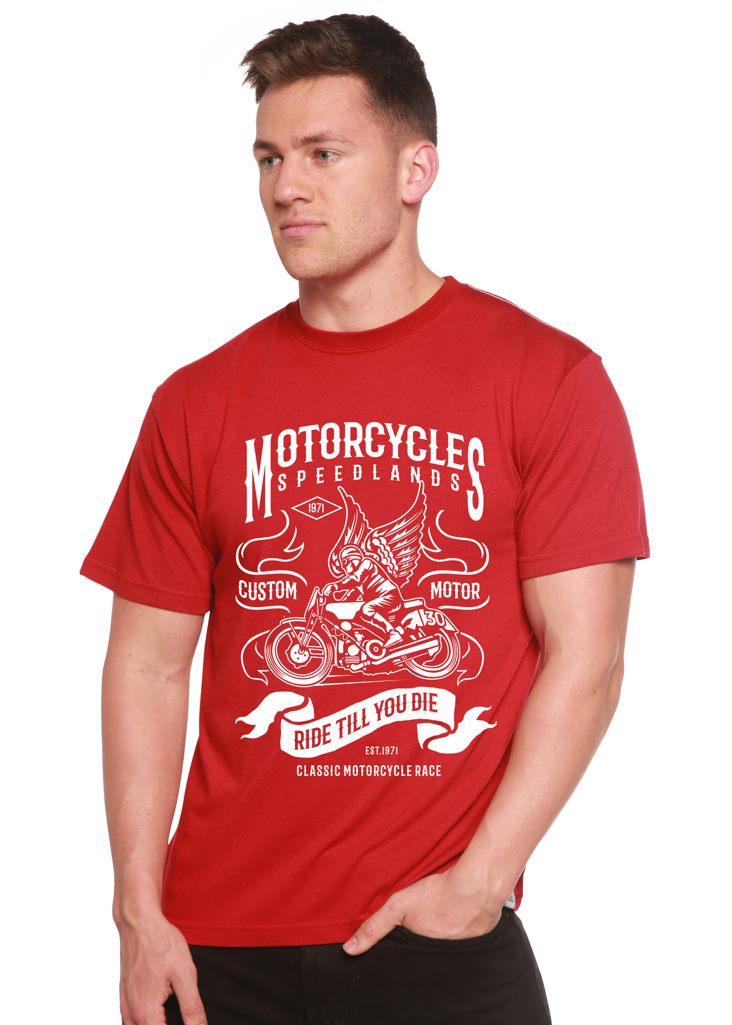 Motorcycles graphic red T-shirt in bamboo viscose/organic cotton by Spun Bamboo on Tampa Home & Garden Store
