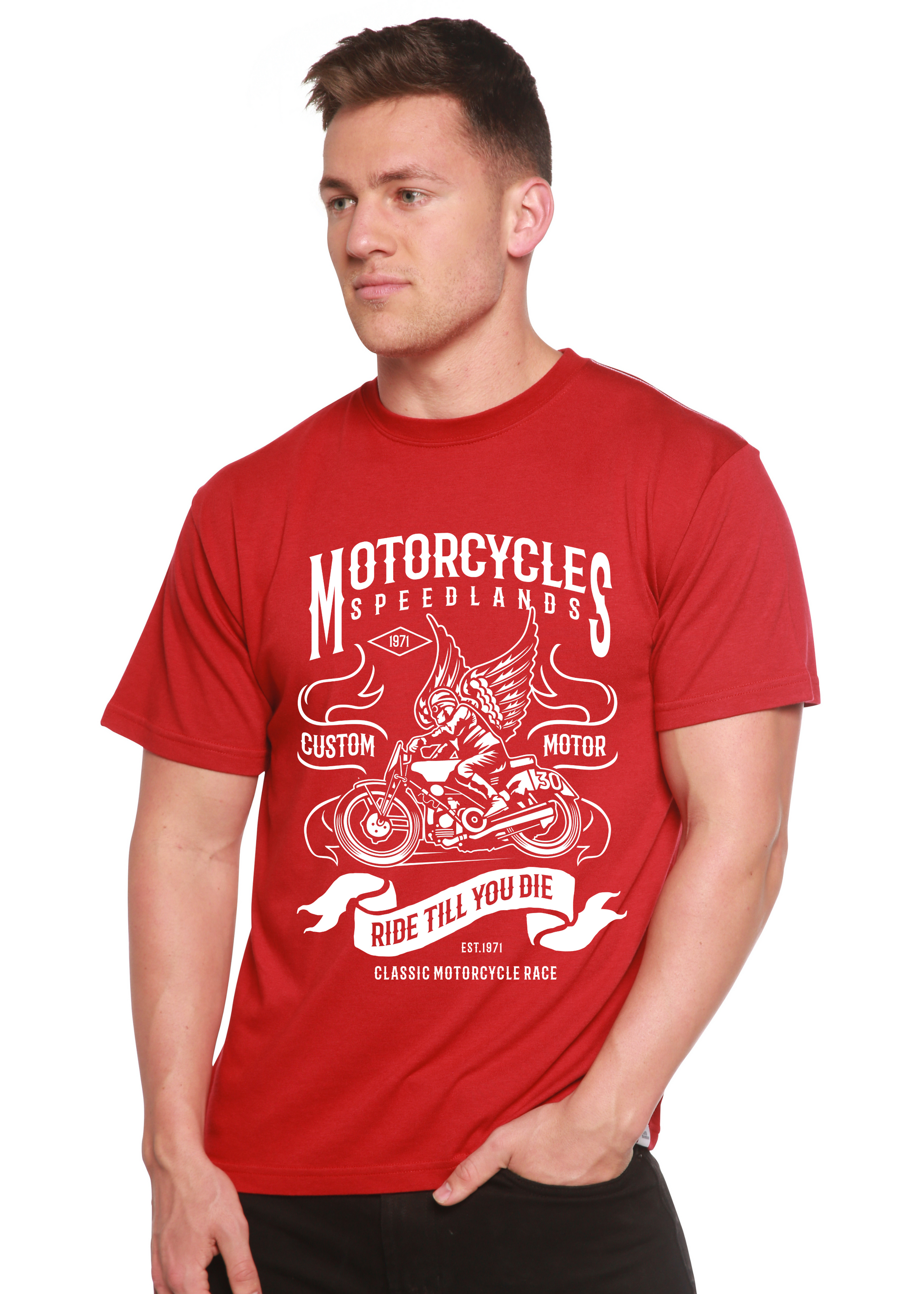 Motorcycles graphic red T-shirt in bamboo viscose/organic cotton by Spun Bamboo on Tampa Home & Garden Store