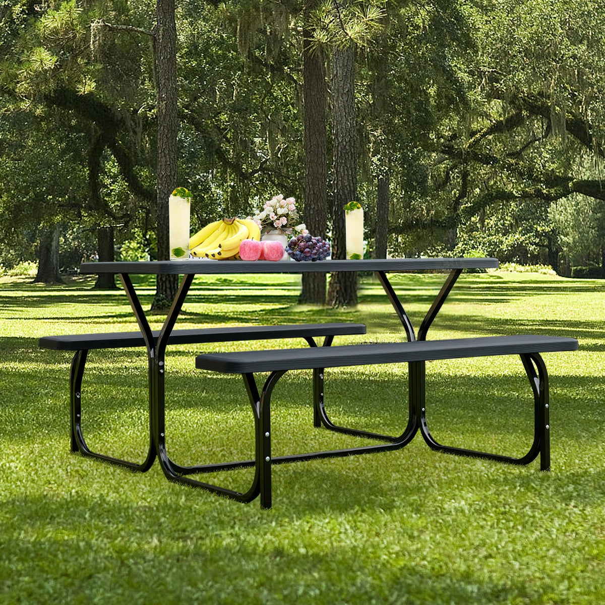 Juego de mesa y banco de pícnic para exterior de HDPE con base de metal - Negro
