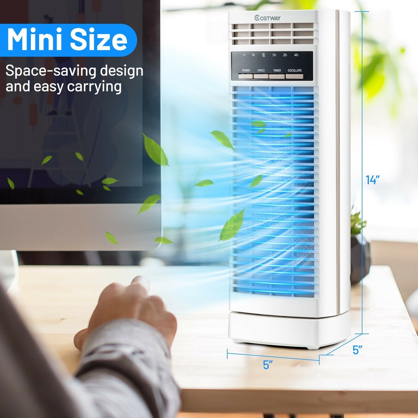 Ventilador de torre mini oscilante de 14 pulgadas con 3 velocidades y temporizador - Blanco