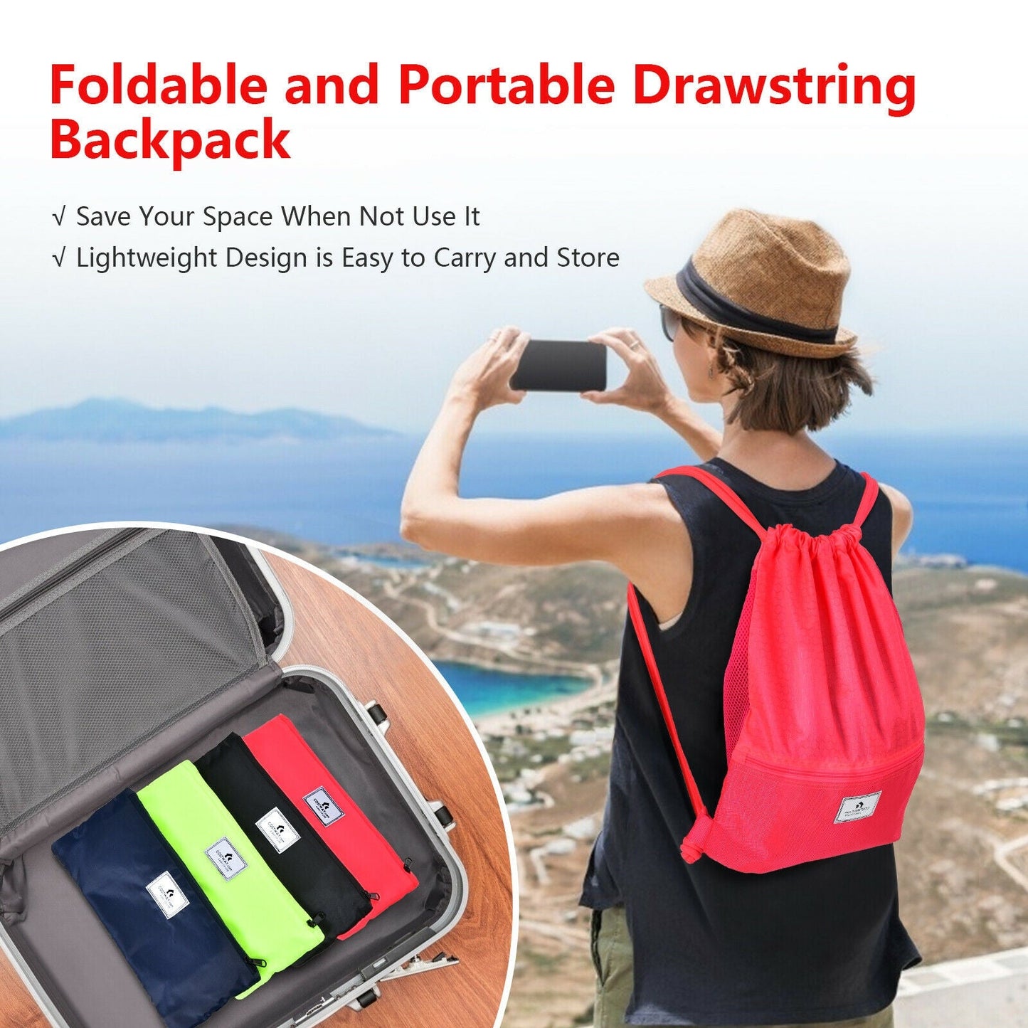 Drawstring backpack GemGear foldable sport sack with zipper pocket red on Tampa Home & Garden Store