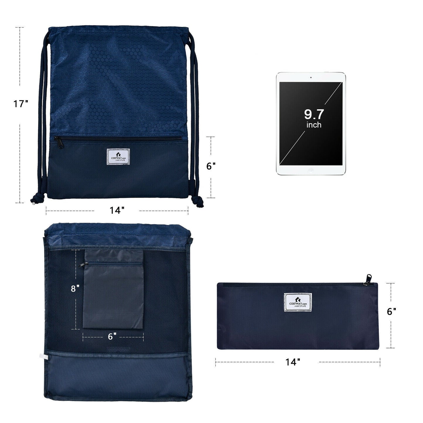 GemGear navy blue drawstring backpack with front zip pocket and foldable feature Costway patch on Tampa Home & Garden Store