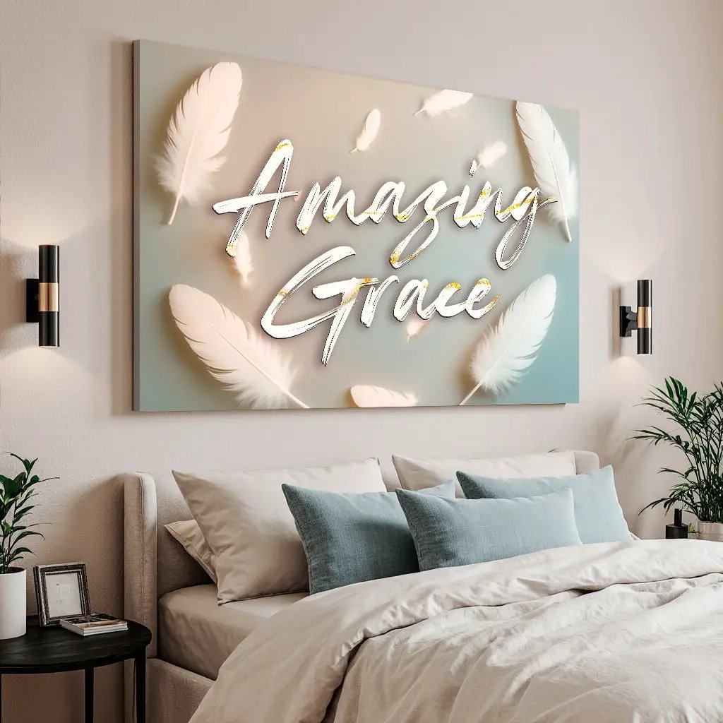Amazing Grace Faith Wall Sign canvas by Tailored Canvases; white script with feather accents on Tampa Home & Garden Store