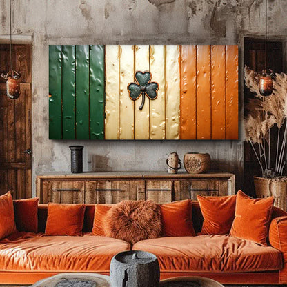 Irish Shamrock Glory wooden flag wall art canvas by Tailored Canvases in green gold orange tones on Tampa Home & Garden Store