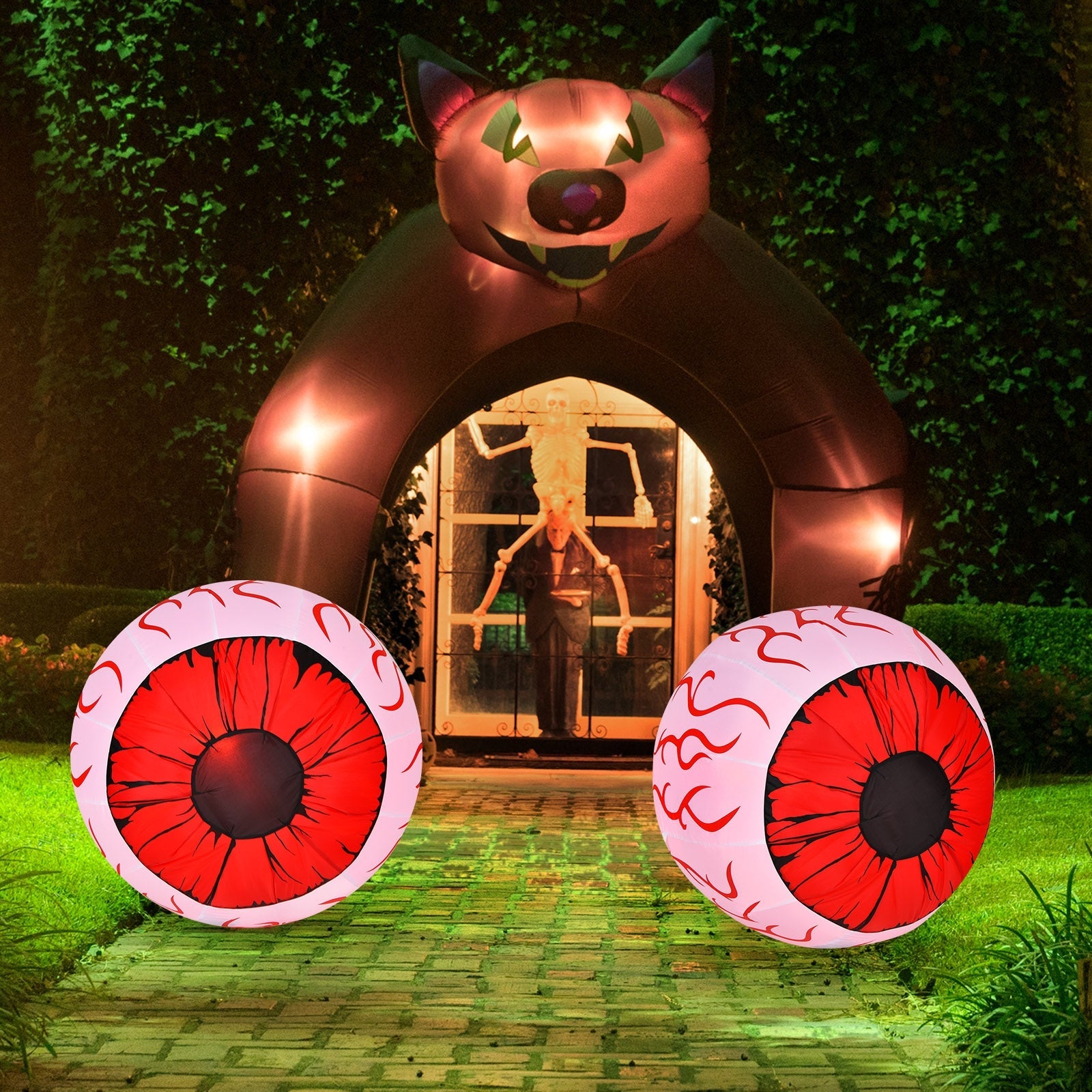 2-pack 3ft Halloween inflatable eyeballs with blower, two giant red eyes in front of a spooky archway on Tampa Home & Garden Store