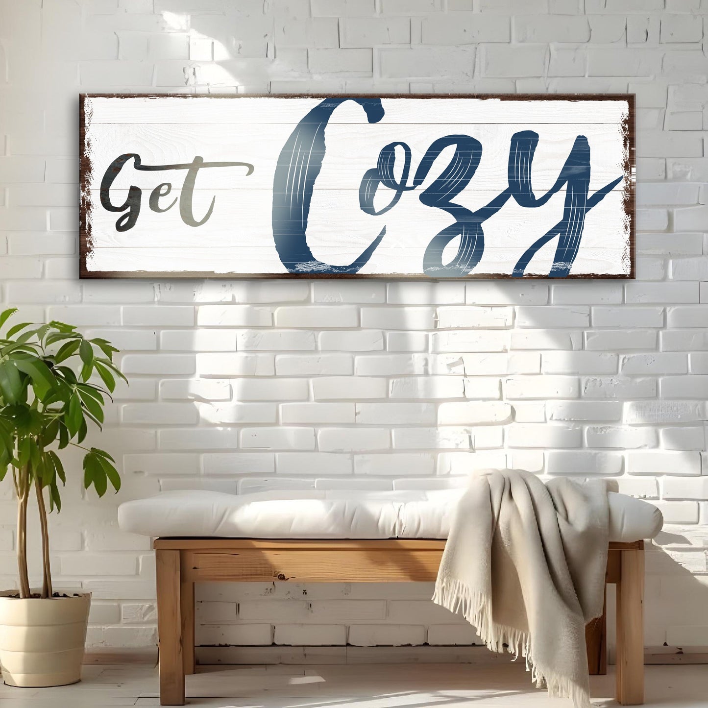 Get Cozy Sign canvas sign with distressed white wood panel and dark frame Tailored Canvases on Tampa Home & Garden Store